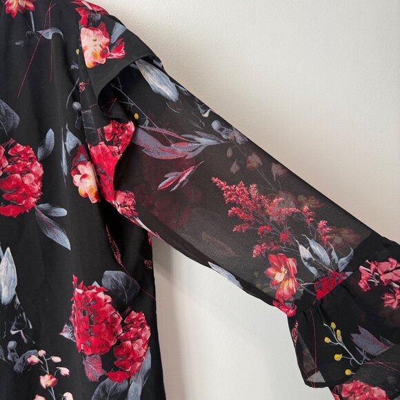 Floral V-Neck Chiffon Blouse A New Day L Black Red Pink Floral Print Long Sleeve - Picture 2 of 9